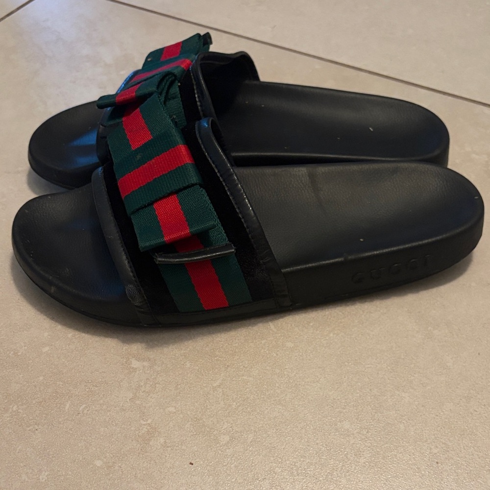 Black Slide Sandals with Green and Red Striped Strap - Picture 2 of 7
